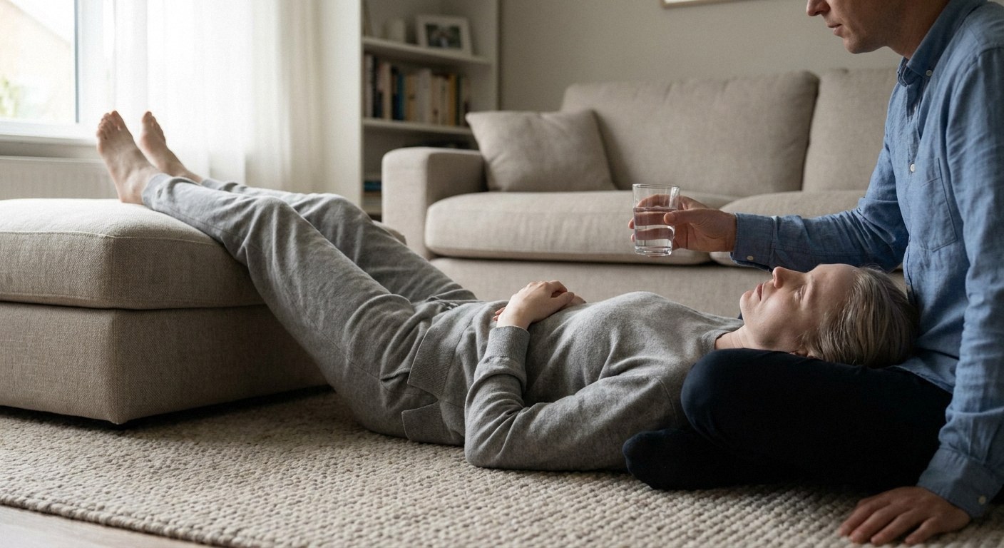 Photorealistic editorial photography, wide angle view showing a pale person lying on their back on a carpet with their