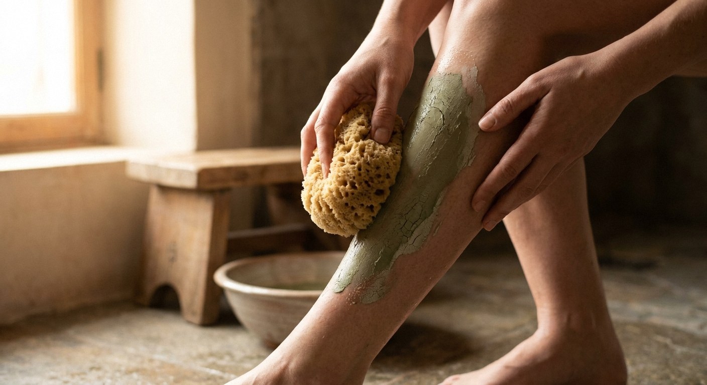 Person using a natural sponge to remove green paste from their lower leg. Background shows a wooden stool and a bowl