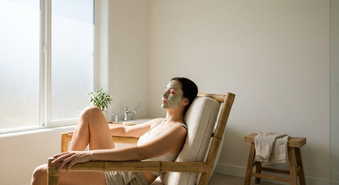 Woman relaxing in a bamboo chair near a bright window, wearing a green facial mask. Minimalist bathroom setting with a